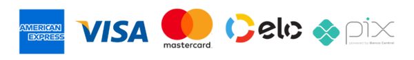Aceitamos American Express, Visa, Mastercard, Elo e Pix